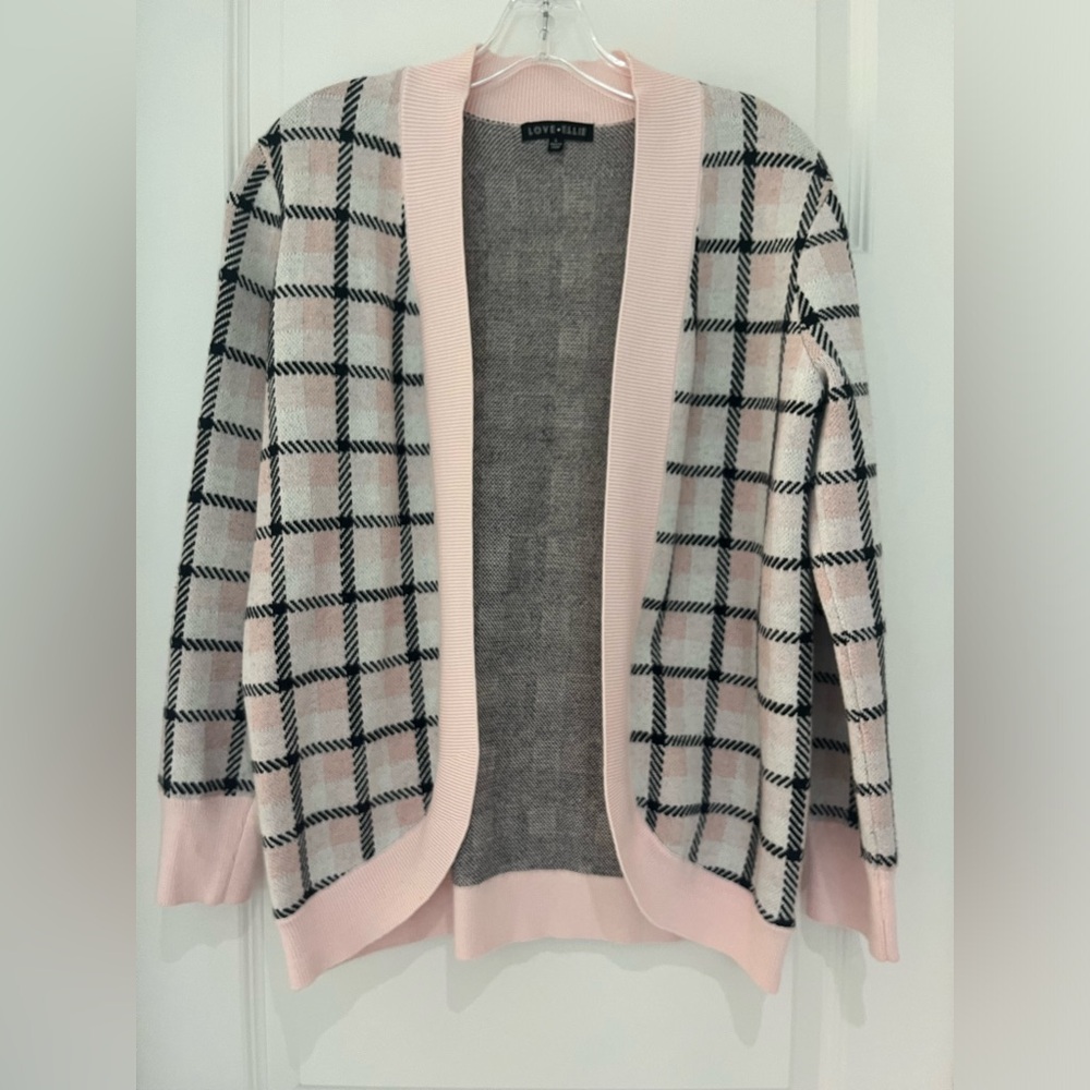 Girls plaid pink & black cardigan Size L